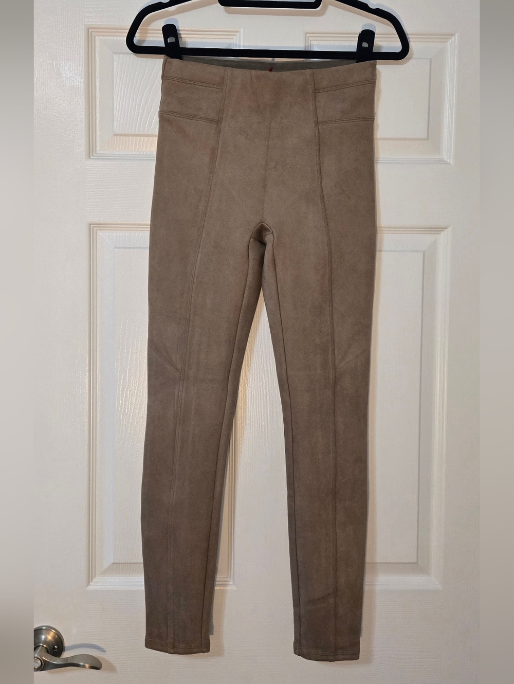 SPANX Neutral Taupe Faux Suede Leggings with Red Brand Tag